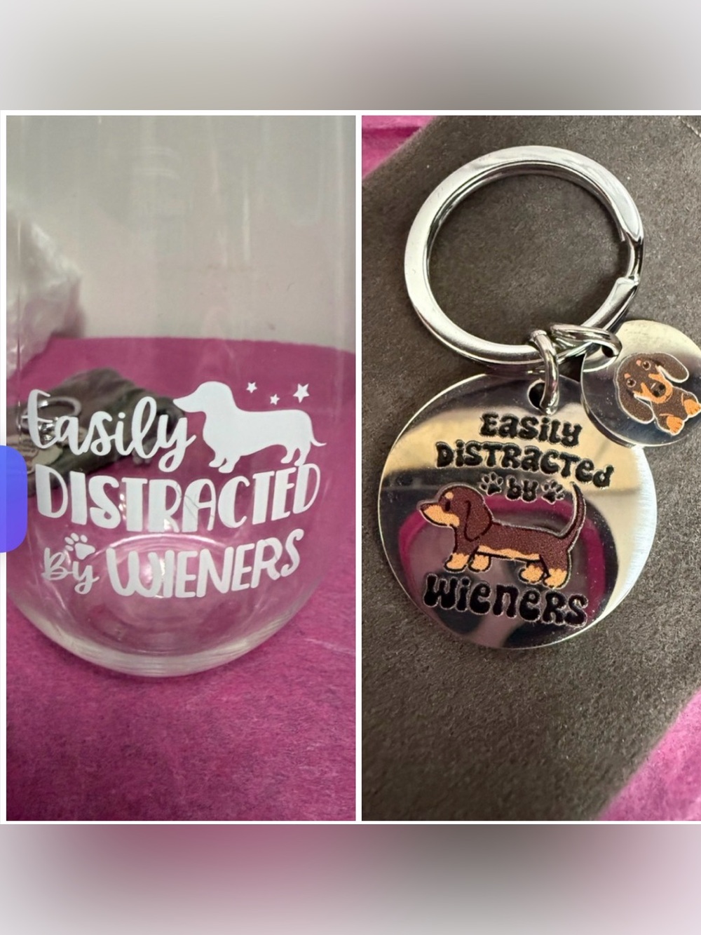 Easily distracted by wieners wine cup and matching keychain nwot